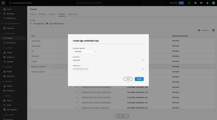 A janela criar chave de verificação de assinatura.