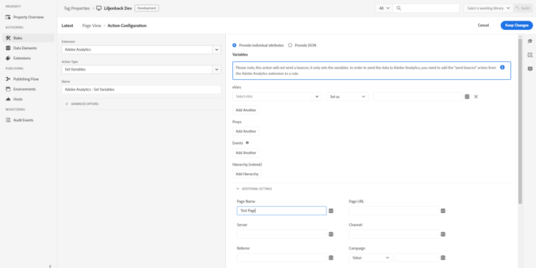 A página de exibição de formulário do Adobe Analytics, onde os atributos adicionais estão listados.