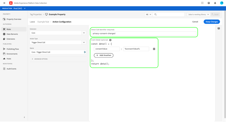 Captura de tela de uma ação de Acionar Chamada Direta na Interface da Coleção de Dados