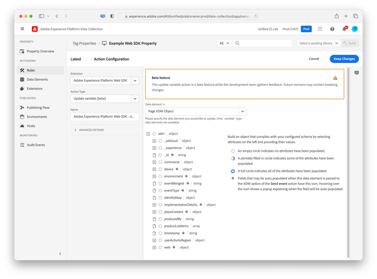 Captura de tela da ação de atualização de variável na interface de configuração de ação