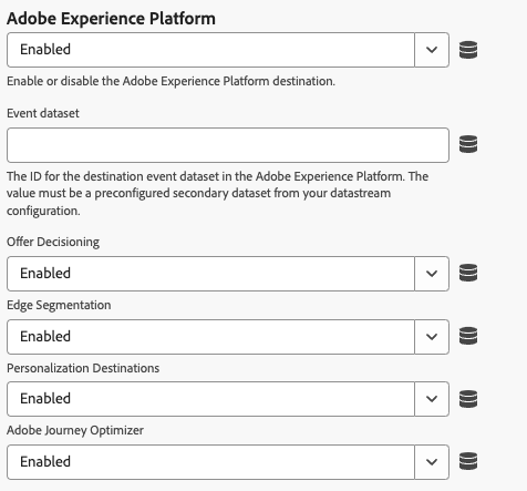 Imagem da interface do usuário da extensão de tag do Web SDK mostrando as configurações de substituição da sequência de dados do Adobe Experience Platform.