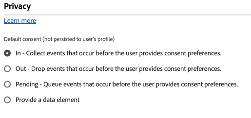 Imagem mostrando as configurações de privacidade da extensão de marca do Web SDK na interface do usuário de Marcas