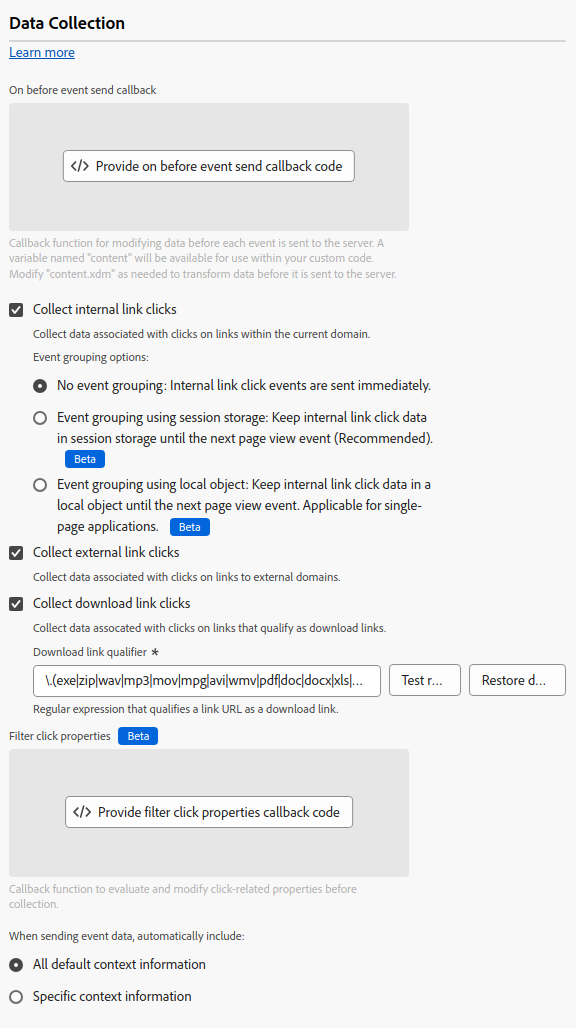 Imagem mostrando as configurações de coleta de dados da extensão de marca do SDK da Web na interface do usuário de Marcas.