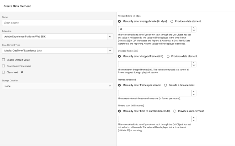 Imagem da interface do usuário mostrando a tela Criar Elemento de Dados de Qualidade de Experiência.