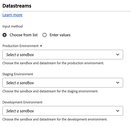 Imagem mostrando as configurações de sequência de dados da extensão de marca do SDK da Web na interface do usuário de Marcas