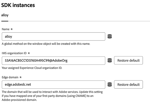 Imagem mostrando as configurações gerais da extensão de marca do SDK da Web na interface do usuário de Marcas