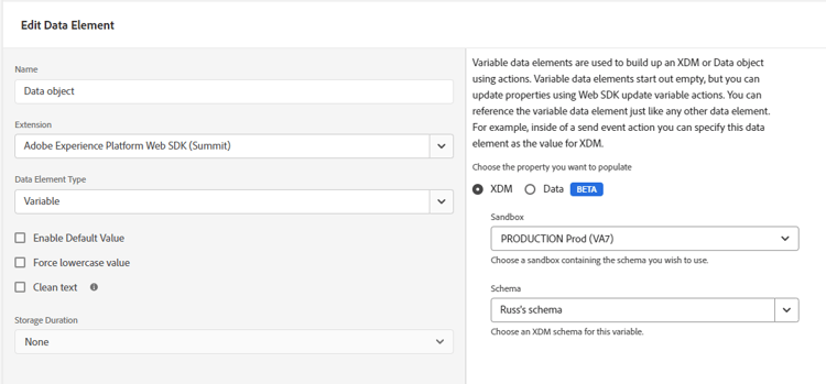 Imagem da interface do usuário de marcas mostrando as opções do elemento de dados.