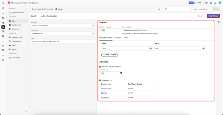 A exibição de Regras de Propriedade do Encaminhamento de Eventos, com os campos de controle adicionais e mantendo as alterações destacadas.