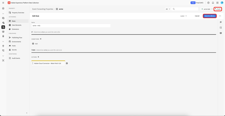 A regra de Encaminhamento de Eventos com save to library e build destacada.
