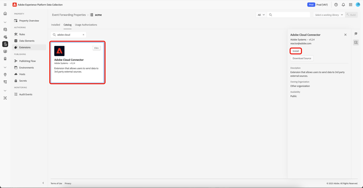 O catálogo de extensões que mostra a instalação do destaque do cartão de extensão Adobe Cloud Connector.