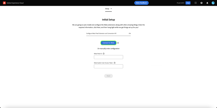 A interface de início rápido do fluxo de trabalho destacando Conectar-se a Meta.