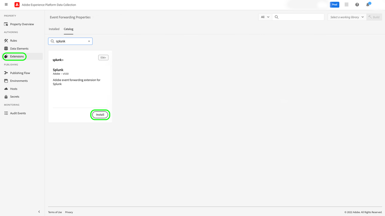 Botão Instalar para a extensão do Splunk selecionada na interface do usuário