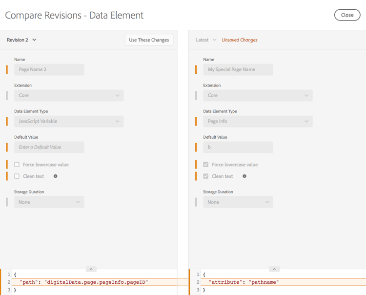 Comparação de diferentes versões de um elemento de dados