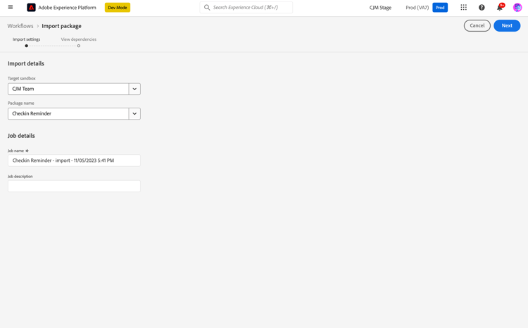 Iniciar fluxo de trabalho de importação, selecionar destino, confirmar pacote, adicionar detalhes do trabalho.