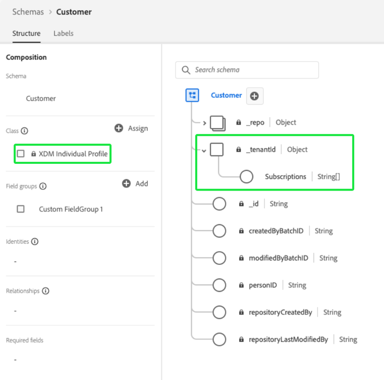 O esquema do Cliente no Editor de Esquemas com a classe e a estrutura realçadas