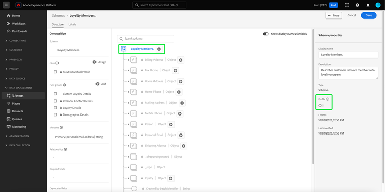 O Editor de esquemas com a raiz do esquema e a opção de alternância Ativar para perfil estão realçados.