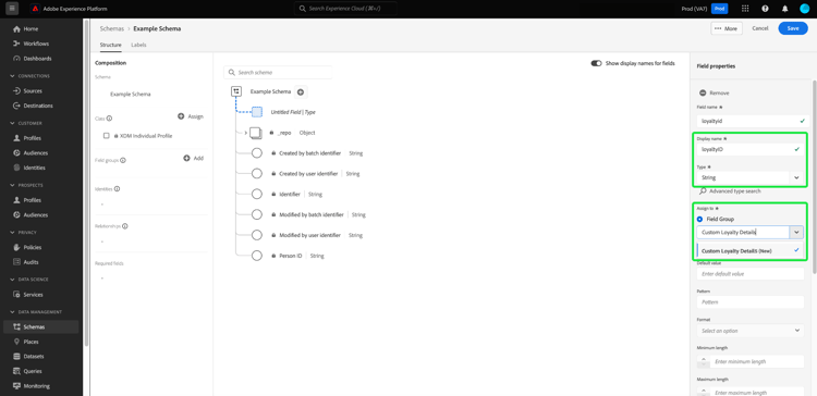 As configurações de propriedade do campo Nome de exibição, Tipo e Atribuir a estão realçadas no Editor de Esquemas.