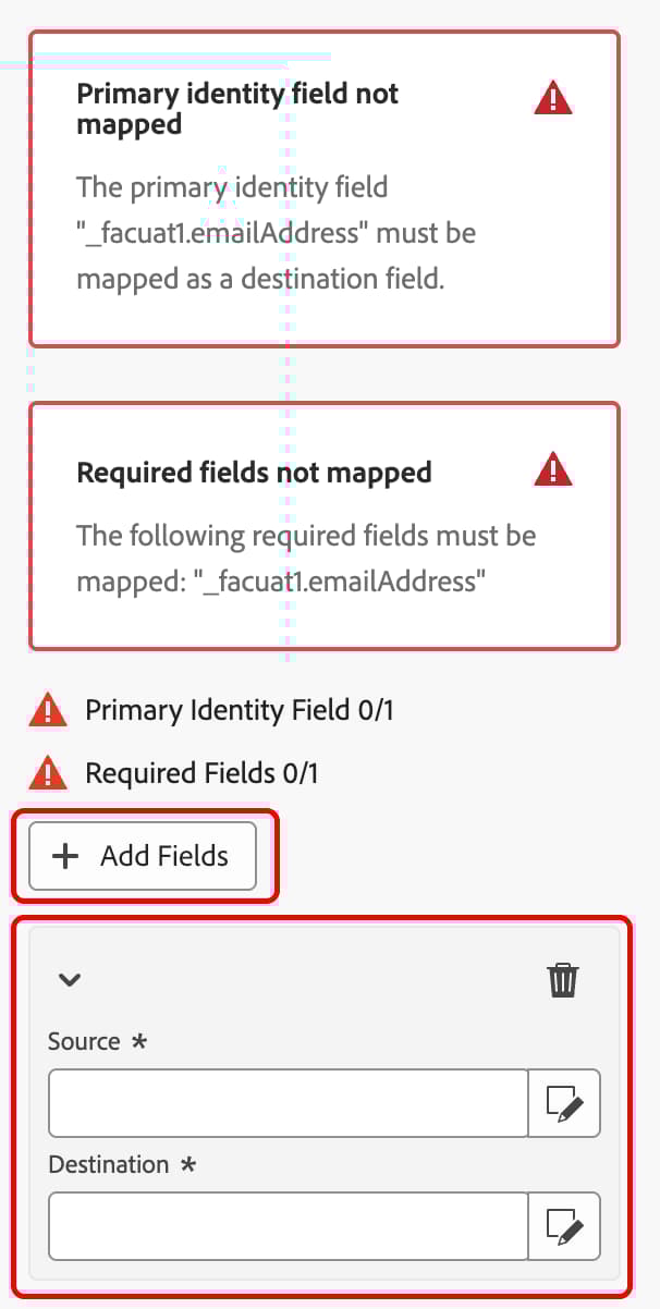 O botão adicionar campos e a seção de mapeamento de campos estão realçados.