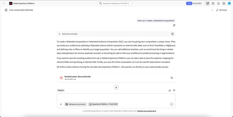 Um exemplo de pergunta e resposta no Assistente de IA é exibido.