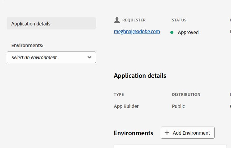 Detalhes do aplicativo com status Aprovado e Adicionar Ambiente