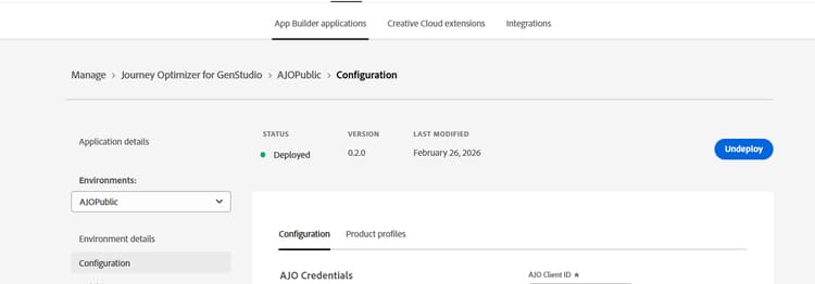 Aplicativo implantado com Undeploy disponível na exibição de aplicativos do App Builder
