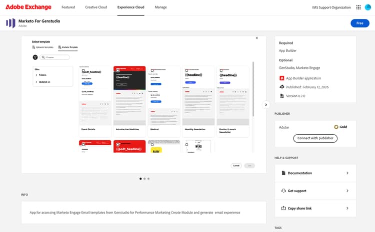 Marketo para listagem do GenStudio no Adobe Exchange