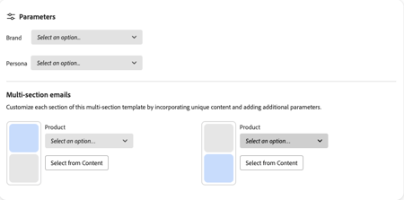 Adicionar conteúdo e parâmetros para cada seção de email