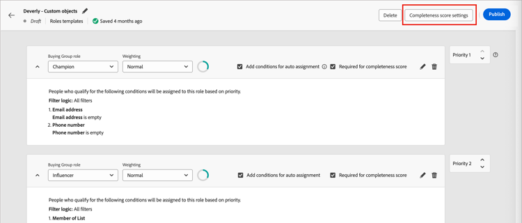 Modelo de funções - botão de configurações de pontuação de integridade