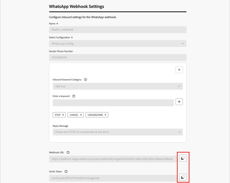 Configurações do WhatsApp do webhook para copiar a URL e verificar o token