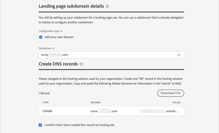 Subdomínio da página de aterrissagem configurado com registros DNS
