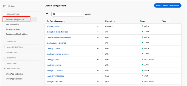 Lista de configurações de canal