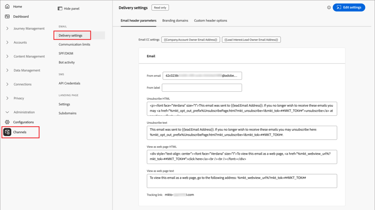 Acessar as configurações de entrega de email