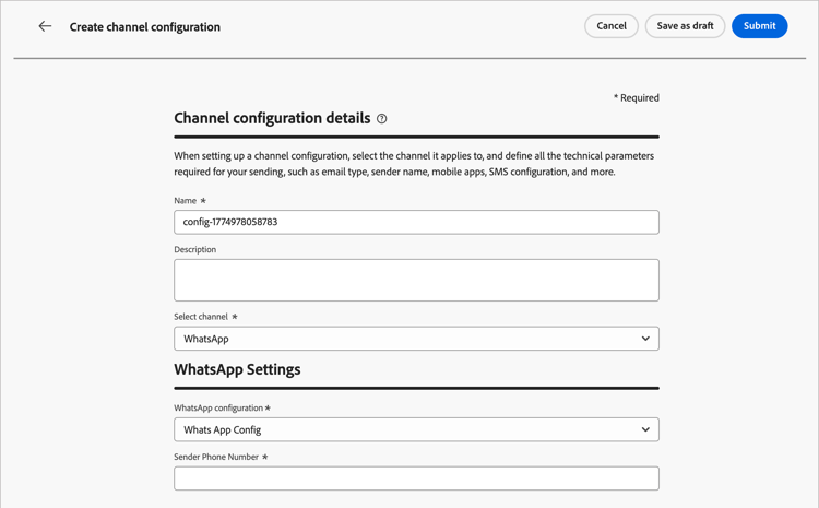 Detalhes de configuração do canal do WhatsApp