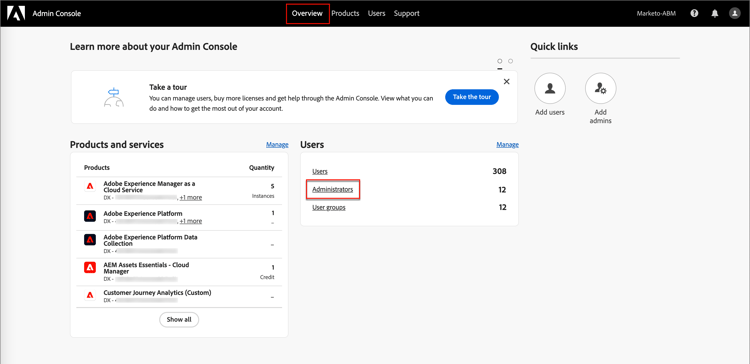 Visão geral do Admin Console - clique em Administradores