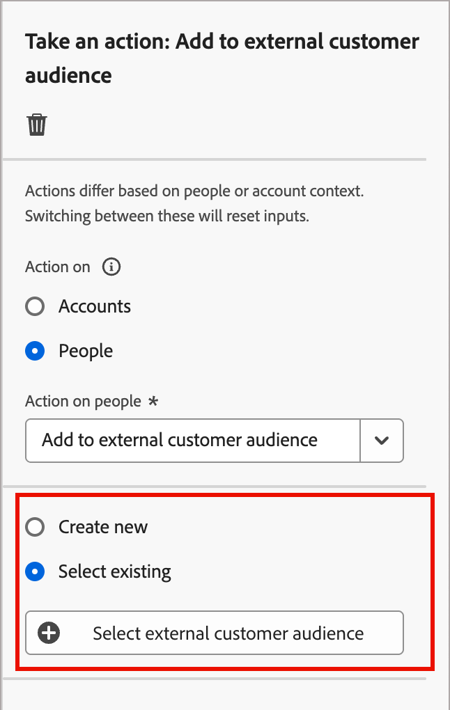 Realizar uma ação sobre pessoas - adicionar a público-alvo de cliente externo - selecionar opção existente