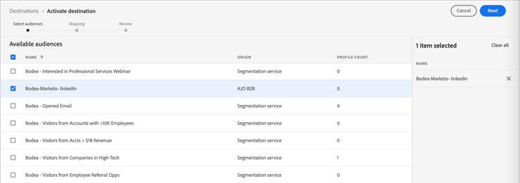 Experience Platform - destinos - procurar destinos do Target - menu Mais