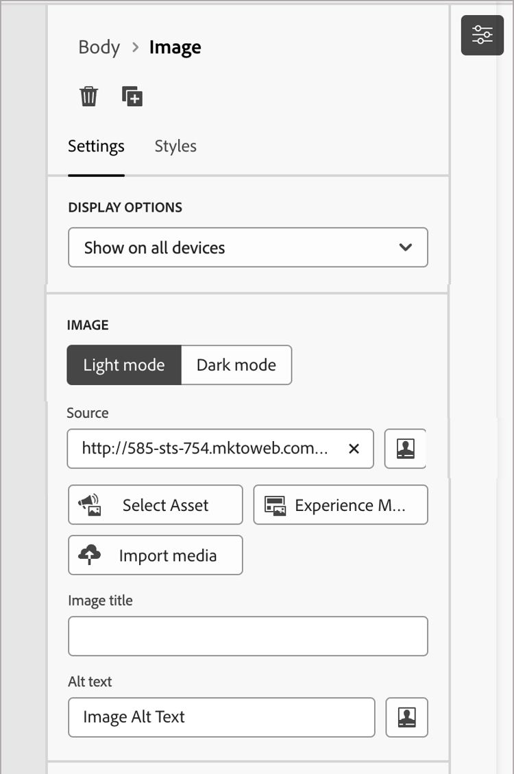 Editar as configurações do componente de imagem no painel direito