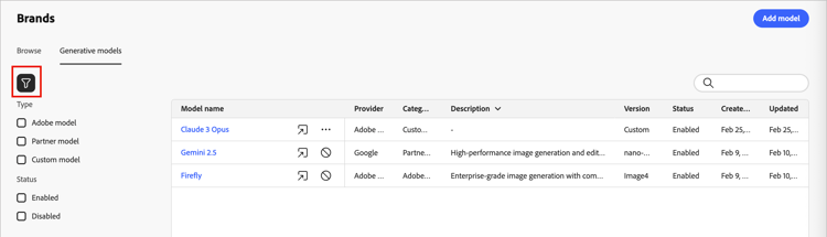 Filtrar a lista de modelos geradores