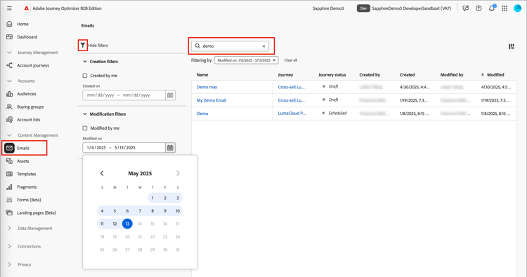 Acessar a biblioteca de modelos de email e filtrar por nome e datas