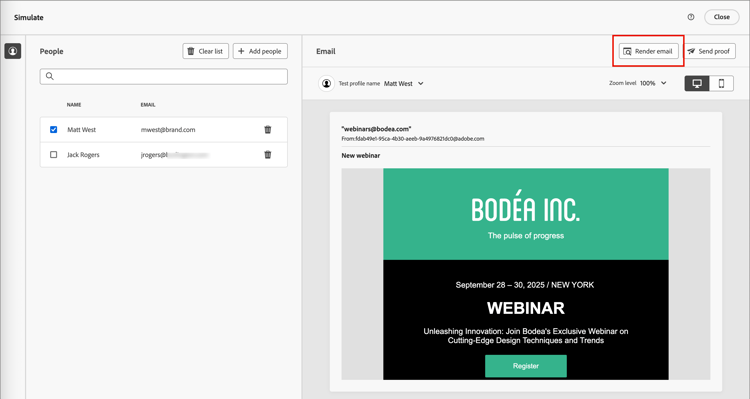 Botão Renderizar email