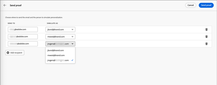 Adicionar destinatários e definir perfis de teste