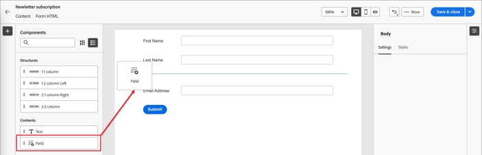 Adicionar um componente de campo ao formulário