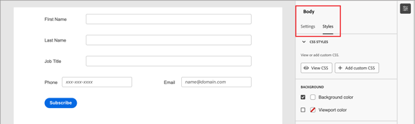 Definir os estilos de nível superior para o corpo do formulário