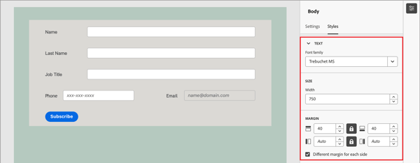 Definir o texto, o tamanho e as margens do formulário