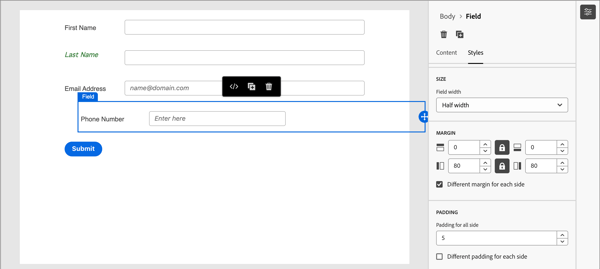 Definir o tamanho, a margem e os estilos de preenchimento do campo de formulário