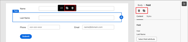 Excluir e duplicar ícones para campos de formulário