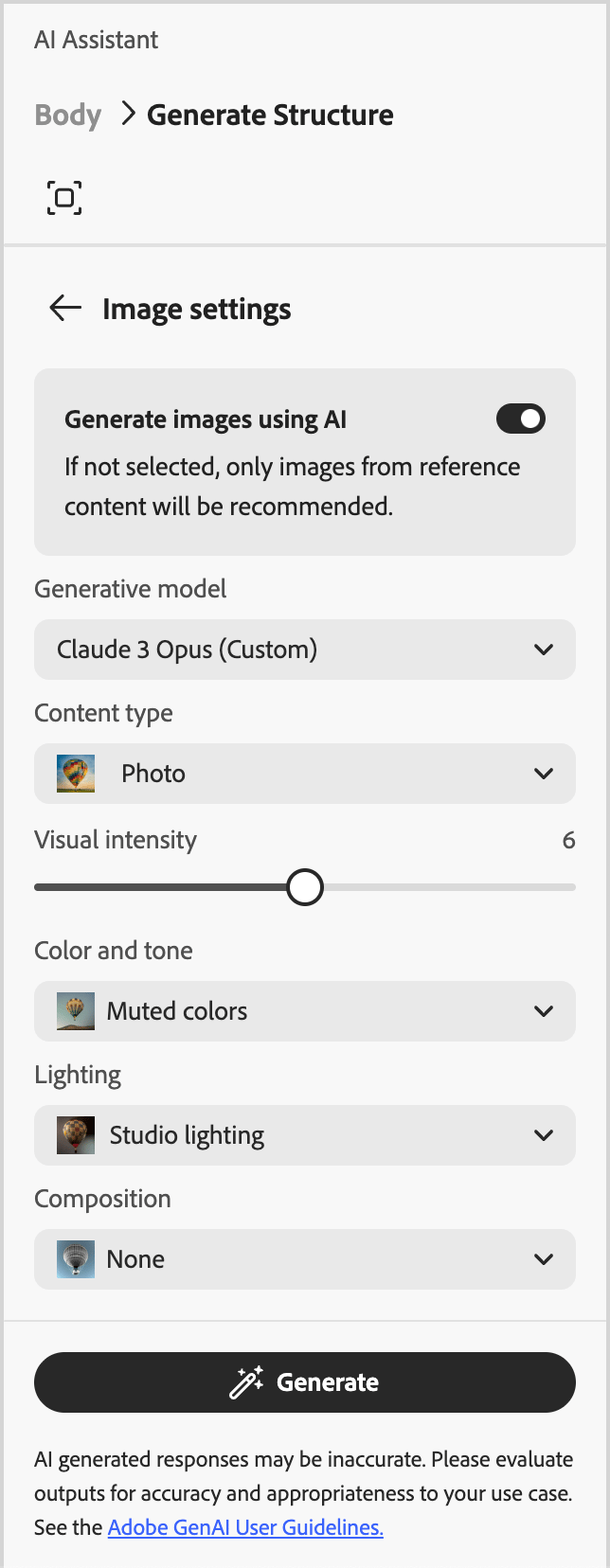 Painel de configurações de imagem exibindo opções de Modelo generativo, Tipo de conteúdo, Intensidade visual, Cor e Tom, Iluminação e Composição