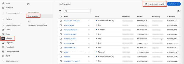 Acessar a biblioteca de modelos de email e gerar um modelo a partir de uma imagem
