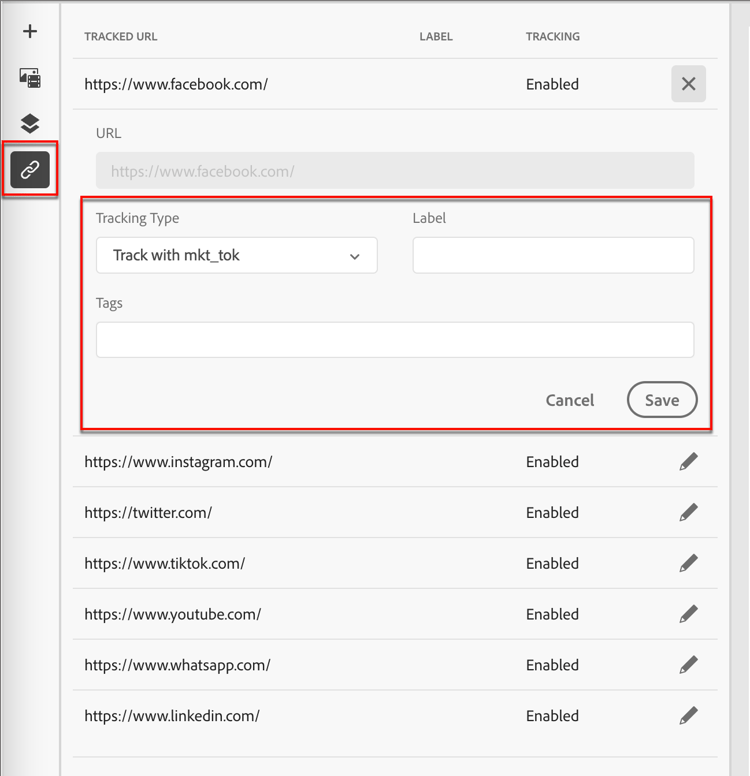 Clique no ícone Editar para acessar o rastreamento de links