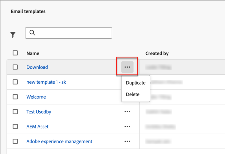 Clique em ... para acessar as ações Duplicar e Excluir